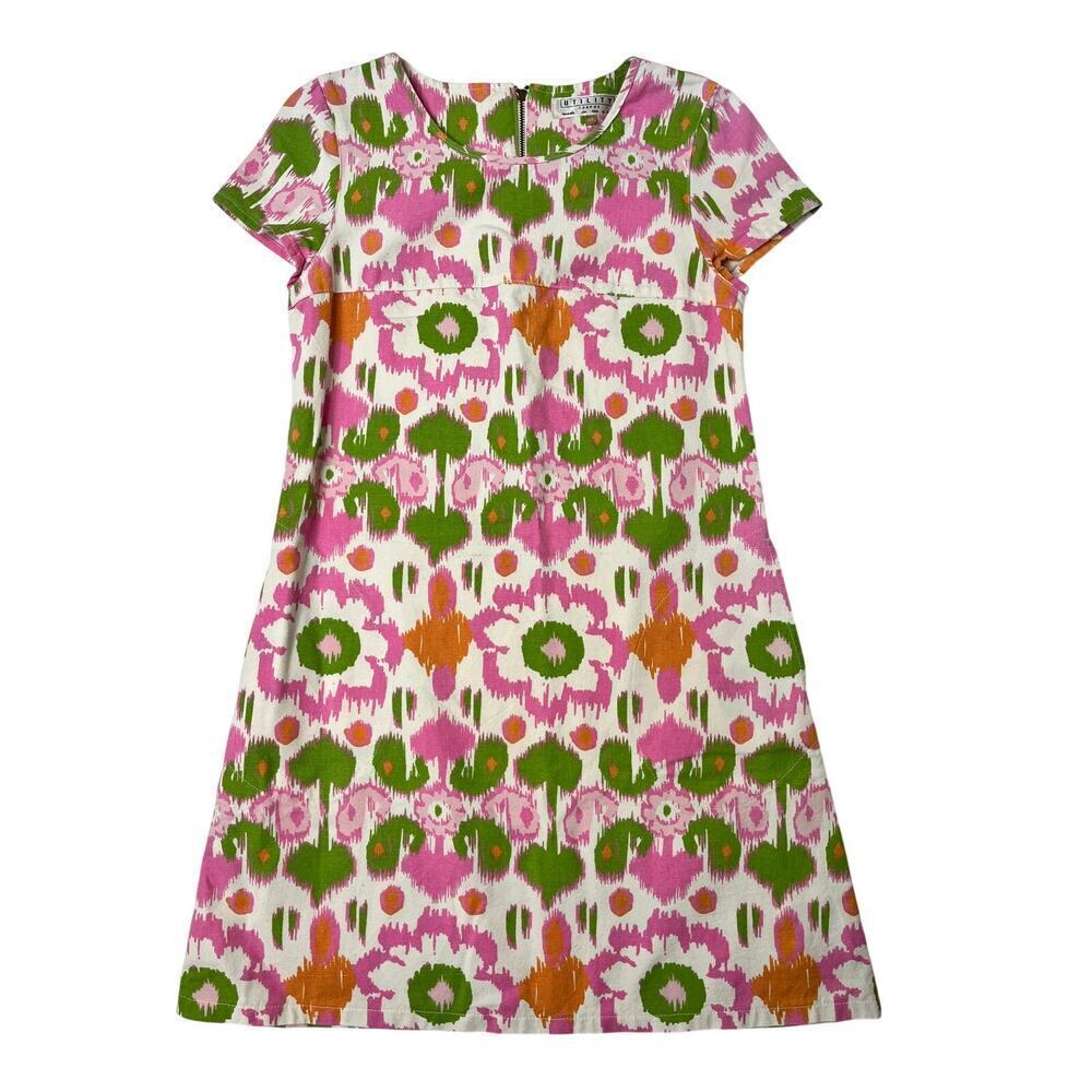 VTG Y2K Utility Canvas Preppy Pink Green Dress Made in USA sz XS Twee Indie Boho